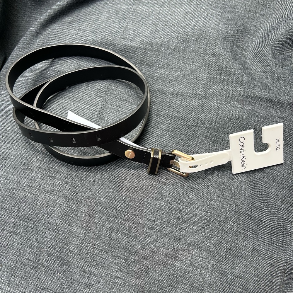 Calvin Klein Black Leather Belt with Gold Buckle NWT